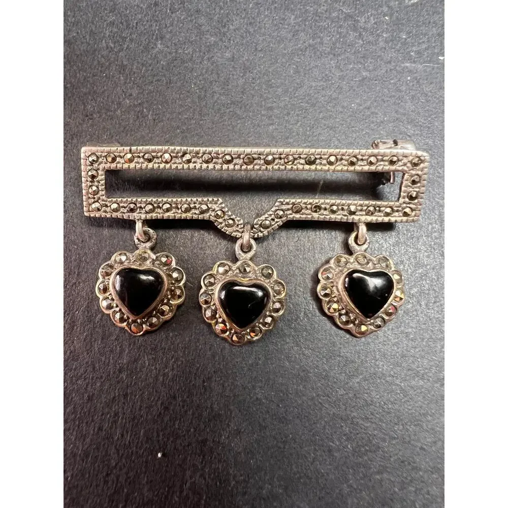Vintage black onyx hearts and marcasite sterling silver pin brooch - Picture 1 of 11